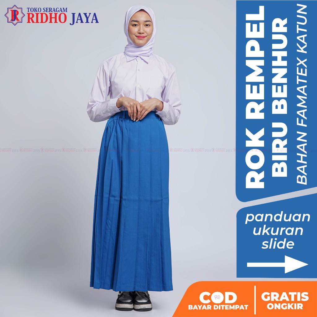 RIDHO JAYA Rok Rempel Biru Benhur Karet Panjang Rok Seragam Putih SD SMP SMA Madrasah Rok Plisket Ro