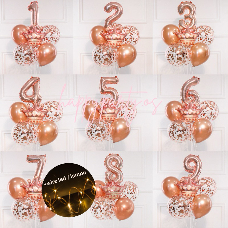 Kaloona.Shop Paket Standing Balon Angka Ulang Tahun Isian Confetti Mahkota Gold / Rosegold