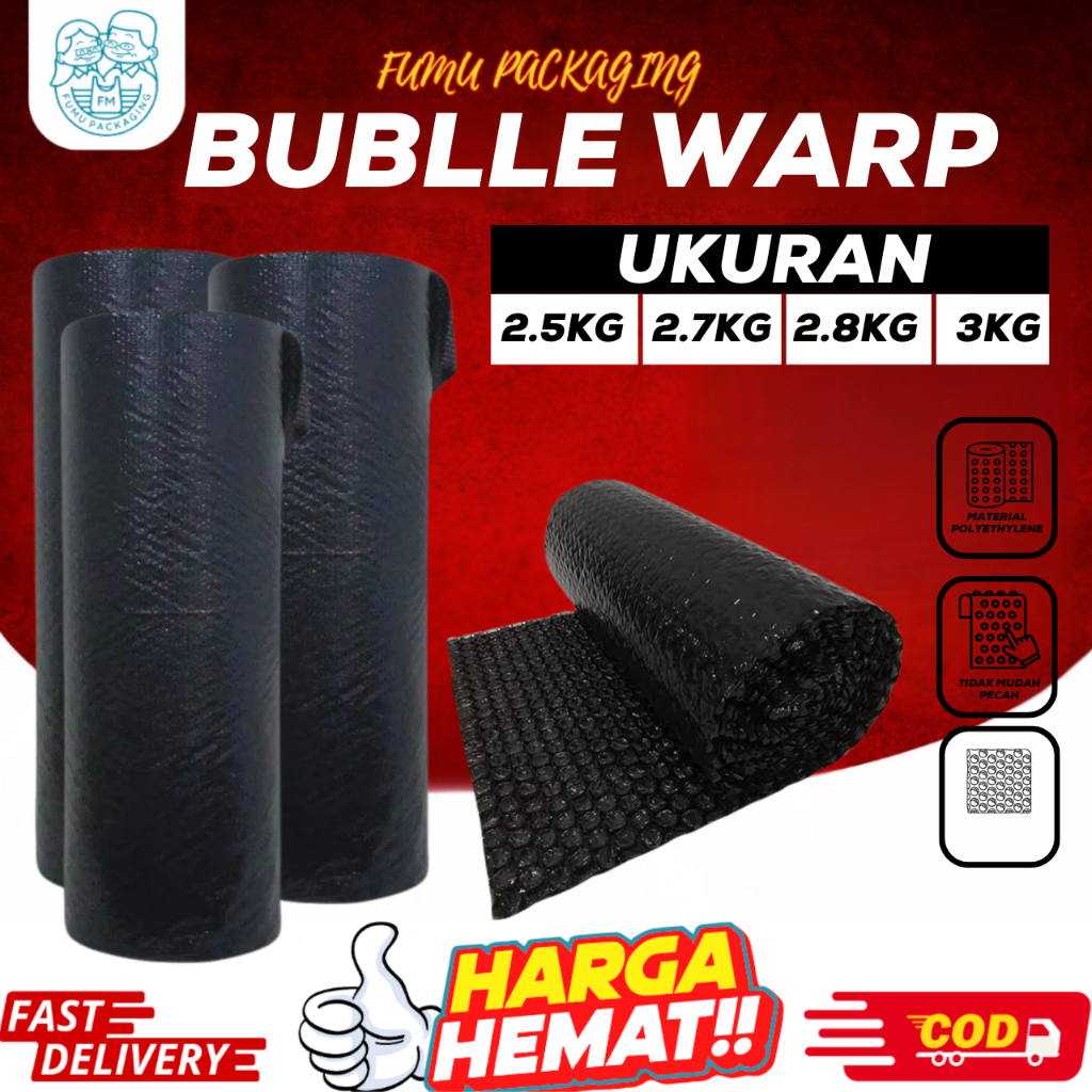 

Bubble Wrap Grosir Termurah Tidak Gampang Sobek Tebal Warna Hitam Putih Ukuran 1.25 x 50m Berat 3kg