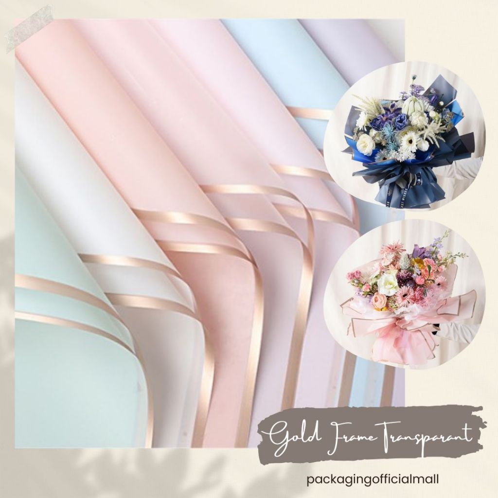 

[20 LEMBAR] GOLD FRAME TRANSPARANT CELLOPHANE / FLORIST PAPER / KERTAS BUKET BUNGA / WRAPPING WRAPPER