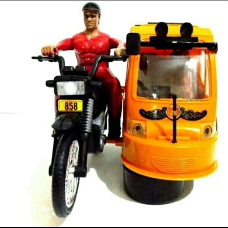 Mainan anak kendaraan tradisional jadul transportasi bentor becak motor bump and go bisa nyala lampu