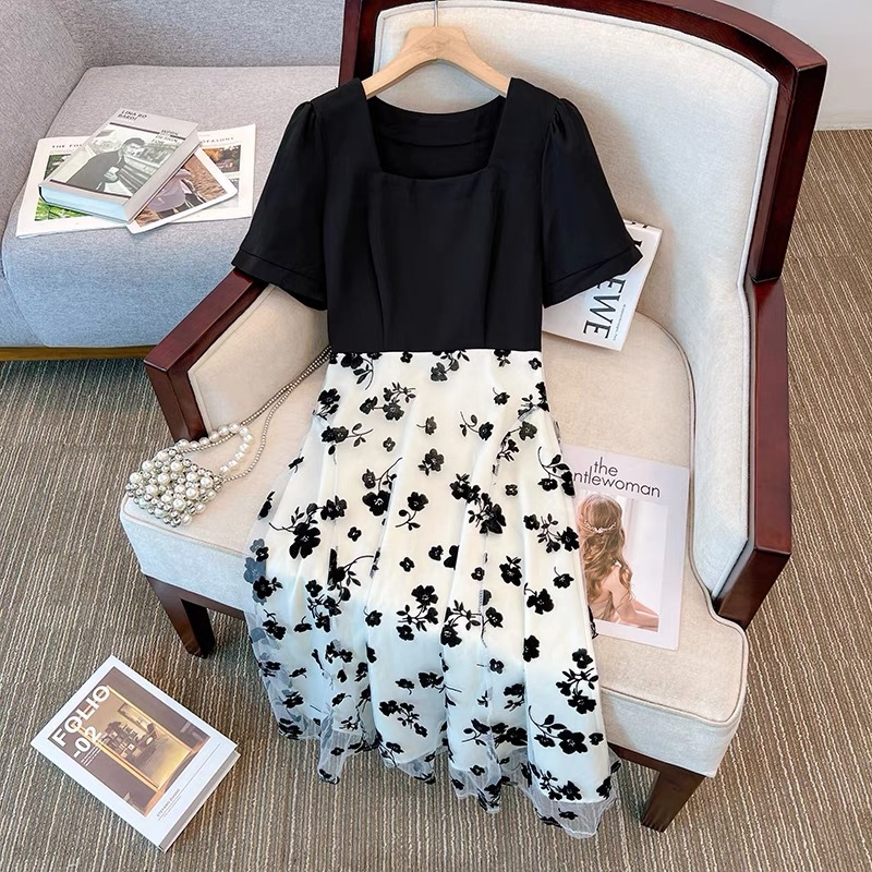 NEW PROMO Meirong dress hitam bunga lengan pendek dress jumbo natal wanita kekinian korea style