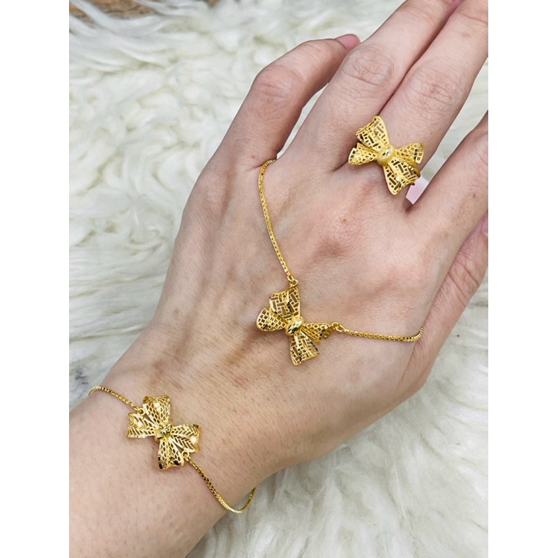 set kalung gelang cincin pita kerawang elegant emas asli kadar 875