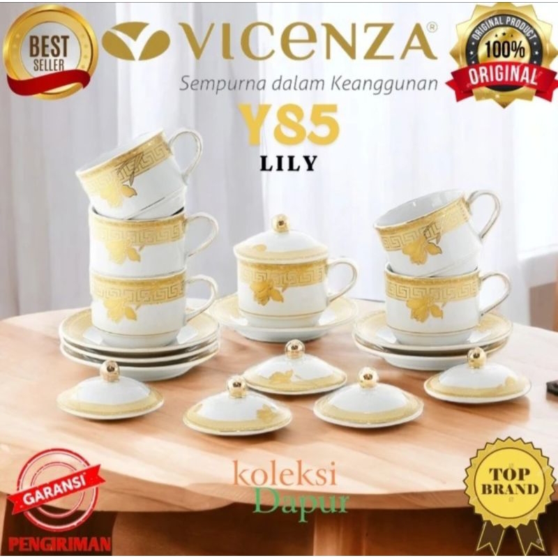 Cangkir Set Vicenza dilengkapi Tutup dan Lepek, seri Y85 LILY Porselen cup and saucer cantik, perang