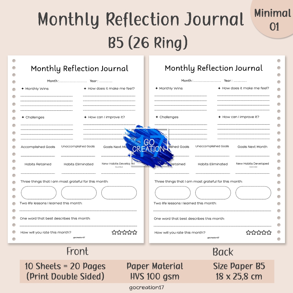 

Buku Planner Kertas Isi Binder Monthly Reflection Journal Simple Minimalis B5