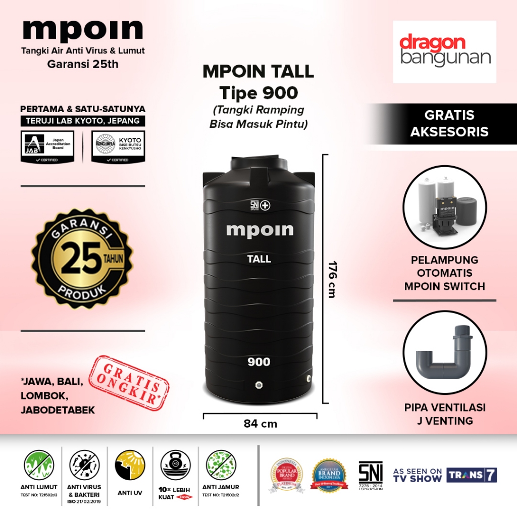 Tangki Air MPOIN TALL WAVE 900 Hitam - Tandon Air Mpoin Tall 900 - Toren Air Mpoin Tall 900