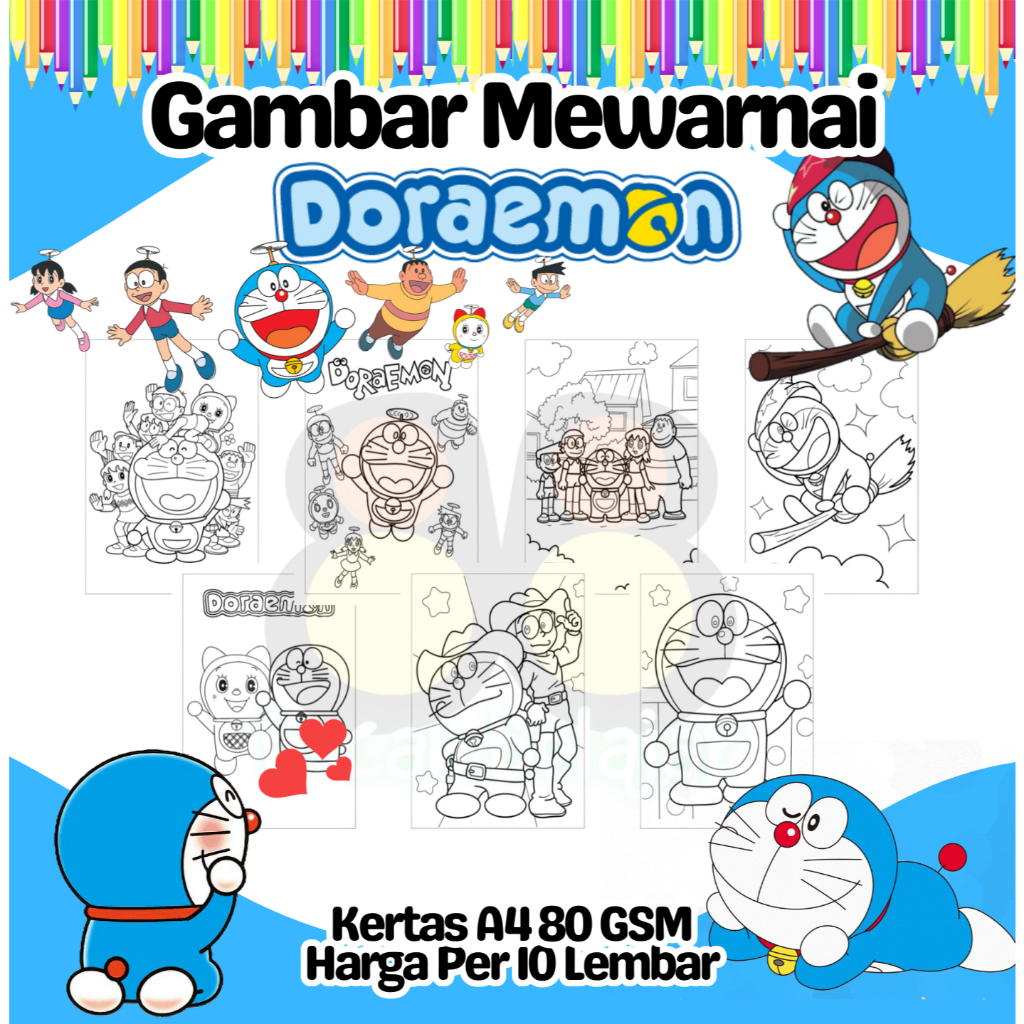 

10 Lembar Kertas A4 Gambar Mewarnai Tema DORAEMON Termurah - Anak Anak TK SD PAUD Remaja