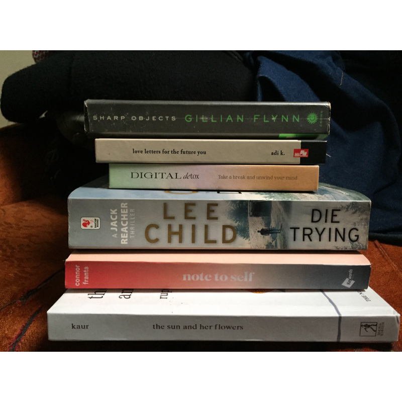preloved novel, sharp objects by gillian flynn, lee child, rupi kaur, note to self
