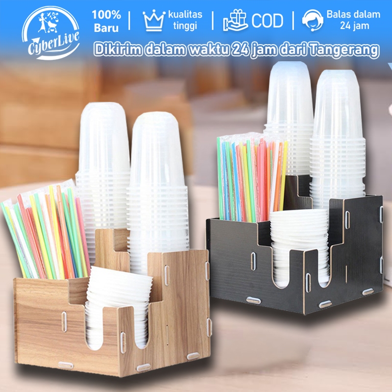 Paper Cup Holder 4 Slot Rak Paper Cup Kayu Cup Dispenser Organizer Paper Cup