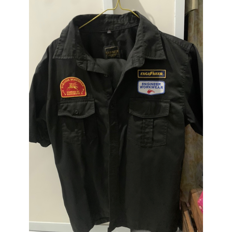 Kemeja engineer hitam lengan pendek / kemeja teknik