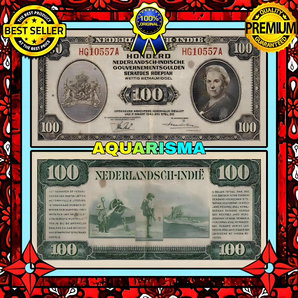 KOLEKSI NUMISMATIK - KERTAS UANG KUNO 100 GULDEN HINDIA BELANDA WILHELMINA 1943