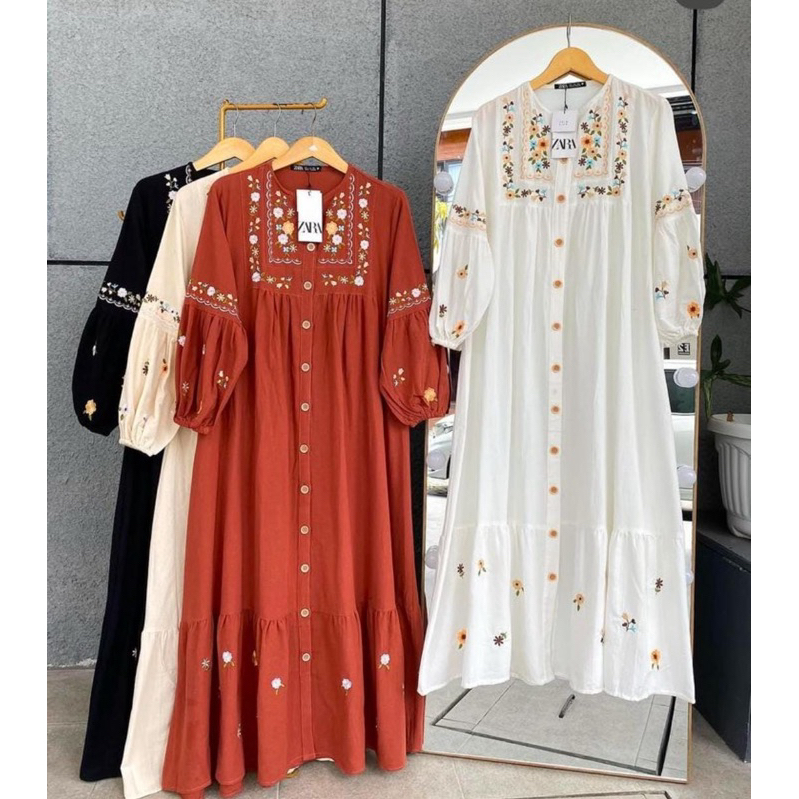 Gamis Bordir Linen Zara | Gamis Zara Katun bordir NEW