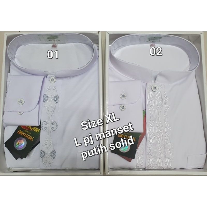 Baju koko atlas universal lengan panjang manset putih solid