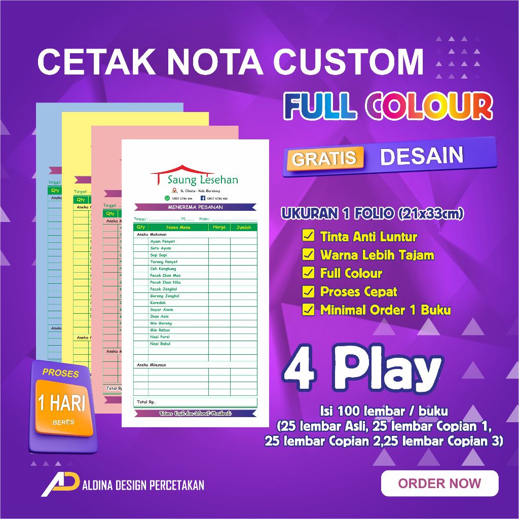 

Nota Custom Bisa Order 1 Buku, ukuran 1 Folio, full Colour, tinta tahan air