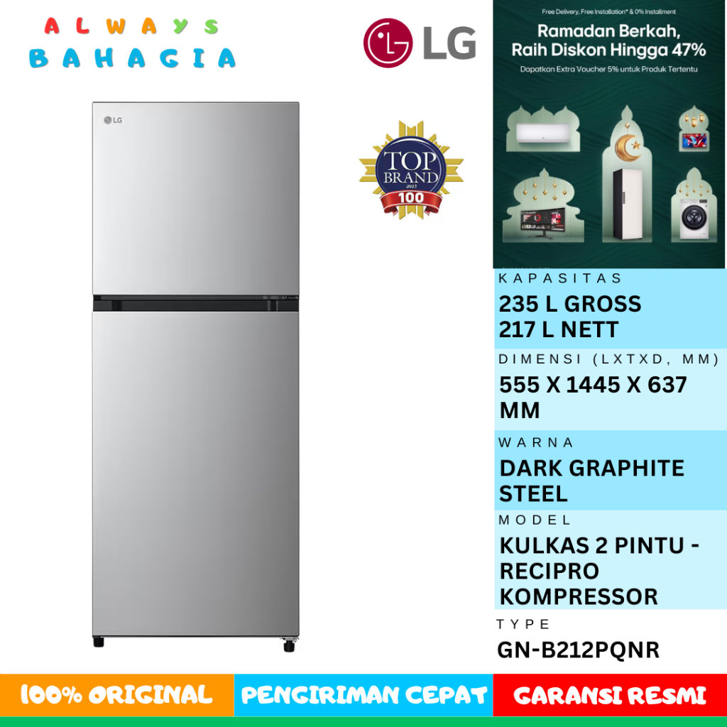 LG GN-B212PQNR Kulkas 2 Pintu 235L Gross / 217L Nett Recipro Kompressor