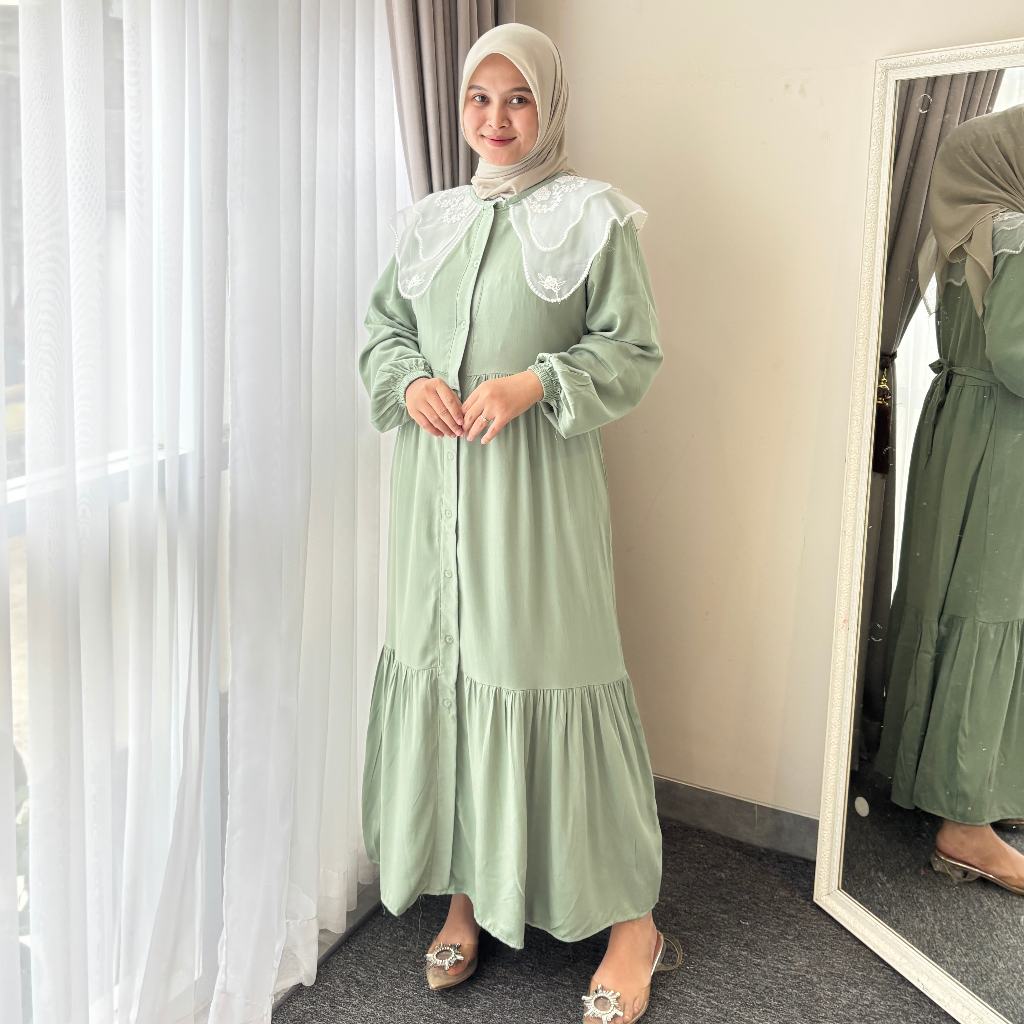 Midi Fayyana Rayon Twill Premium LD 110 Gamis Rayon Diamond Kerah Ruffle Tile Bordir
