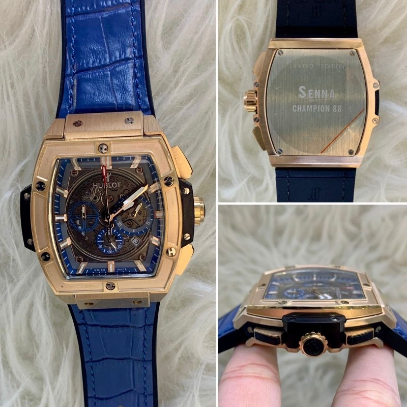 JAM TANGAN PRIA HUBLOT SENNA RUBBER BIRU ROSE JAPAN QUARTZ SUPER QUALITY DIAMETER 42MM