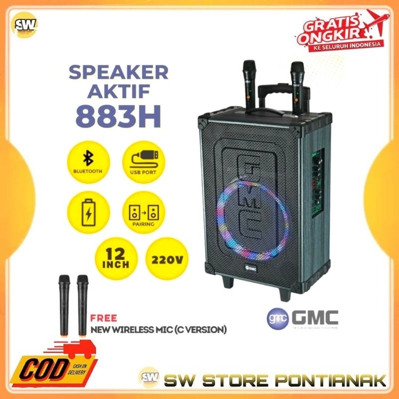 GMC 883 H SPEAKER PORTABLE 12 INCH BLUETOOTH KARAOKE /  SPEAKER MEETING GMC KARAOKE 2 MIC WIRELESS B