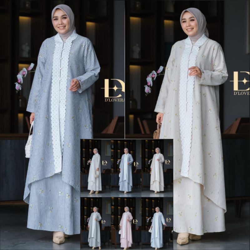 (S) DLOVERA SABA One Set Baju Tunik Setelan Rok Motif Garis Linen Wanita Muslimah Saba Set By D'Love