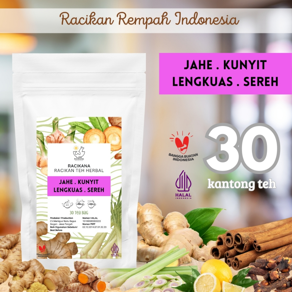 

TEH JAHE KUNYIT LENGKUAS SEREH SERAI CELUP / Ginger Turmeric Galangal Lemongrass Tea / Teh Rempah Rimpang / 30 Tea Bag