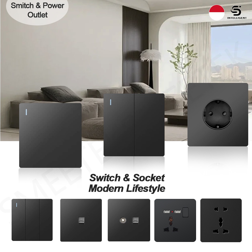 Saklar Lampu Stop Kontak Hitam SOKOSA Saklar Dinding Aesthetic 1/2/3/4 Gang Stop Kontak Universal / 