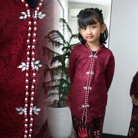 Setelan Kebaya Encim Anak Brukat Dan Rok Plisket Batik Kebaya Pesta Kondangan Anak Perempuan Usia 5-