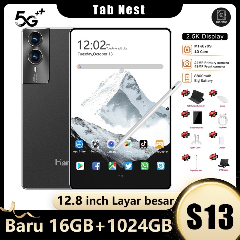 Tablet Android S13 12.8 Inch, RAM 16GB + 1024GB ROM, 5G Dual SIM, Wifi, Tablet PC untuk Belajar & Hi