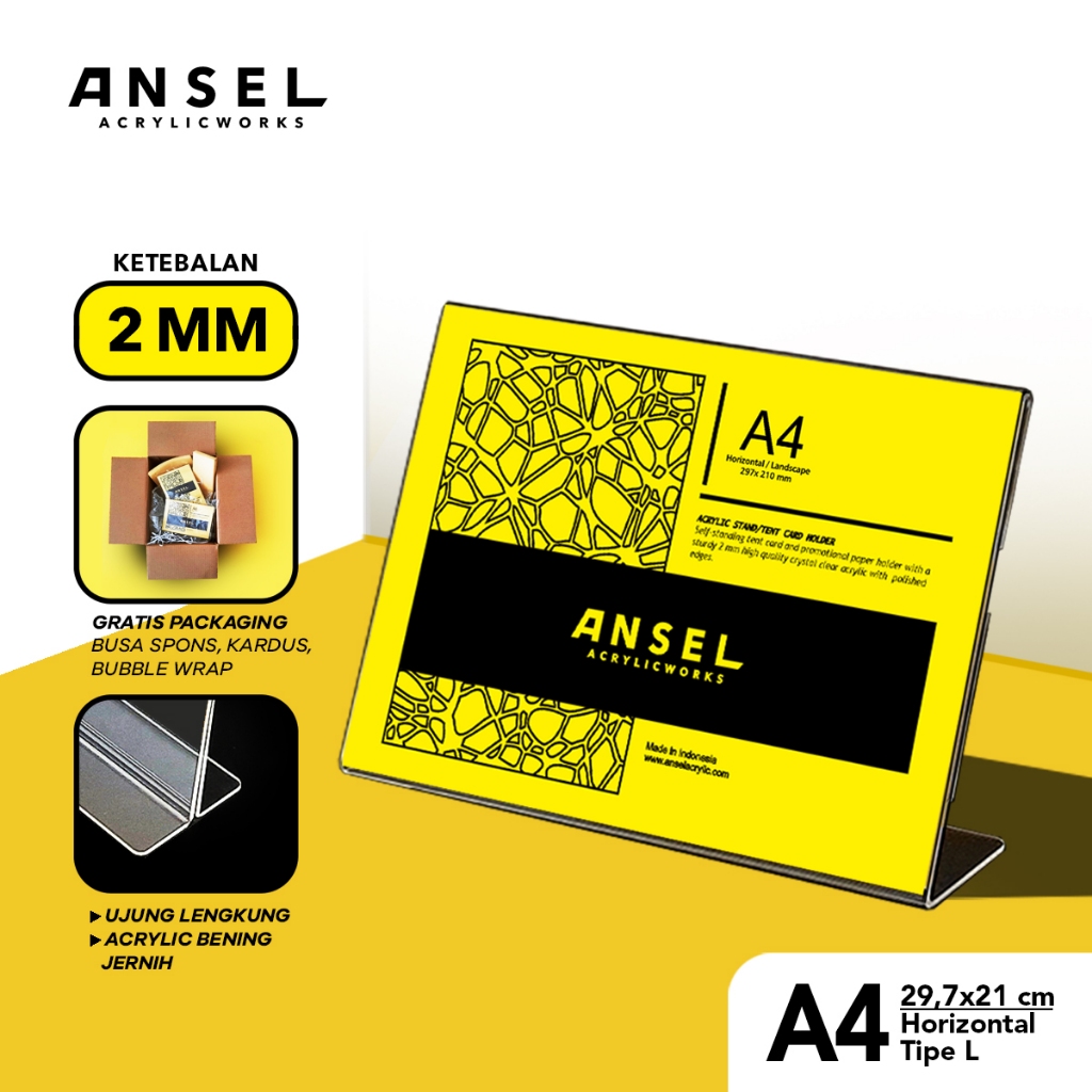 ANSEL Tent Holder Akrilik Tipe L / A4 Horizontal Landscape 29,7x21 cm [Brosur, Menu, Standing]