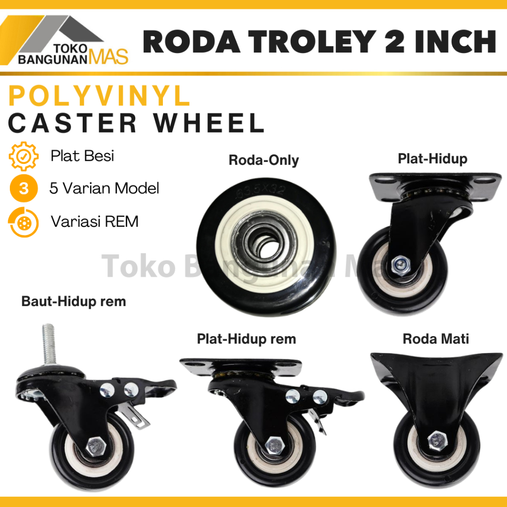 Roda Troli 2 inch Roda Pu Caster 2 inch Hitam Putih Roda Caster Trolley 2 inch Hidup / Mati / Rem