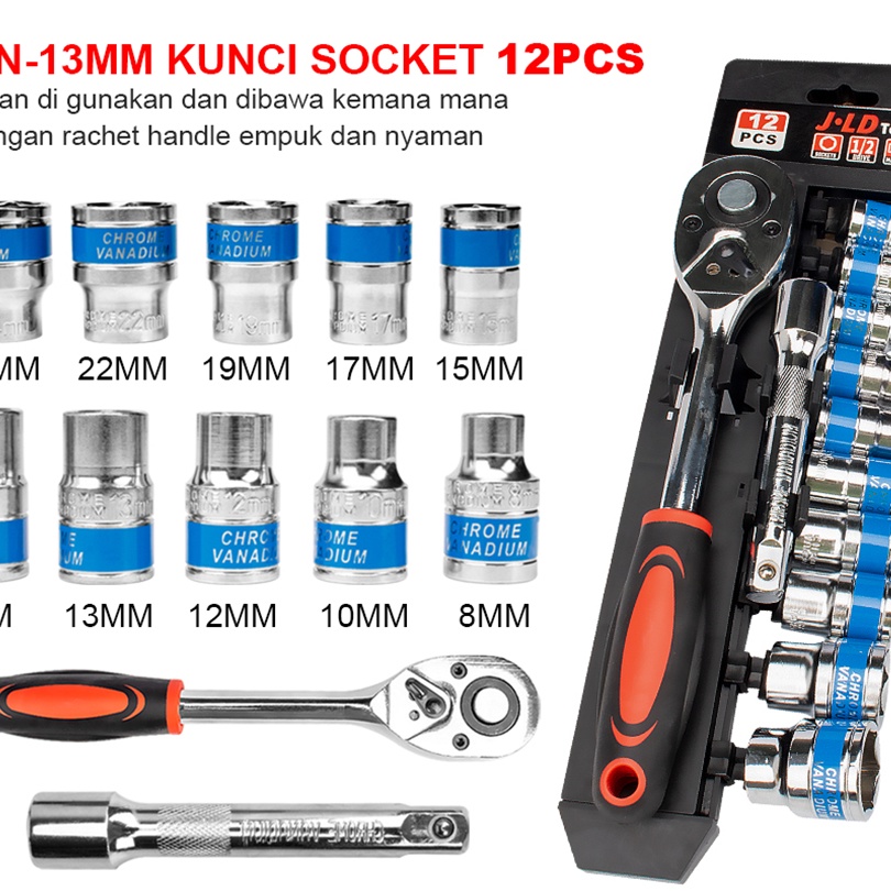 Extra JLD kunci shock set 12Pcs 424mm 1214 kunci Socket Motor Lengkap Socket tool CRV Kunci shock Wr