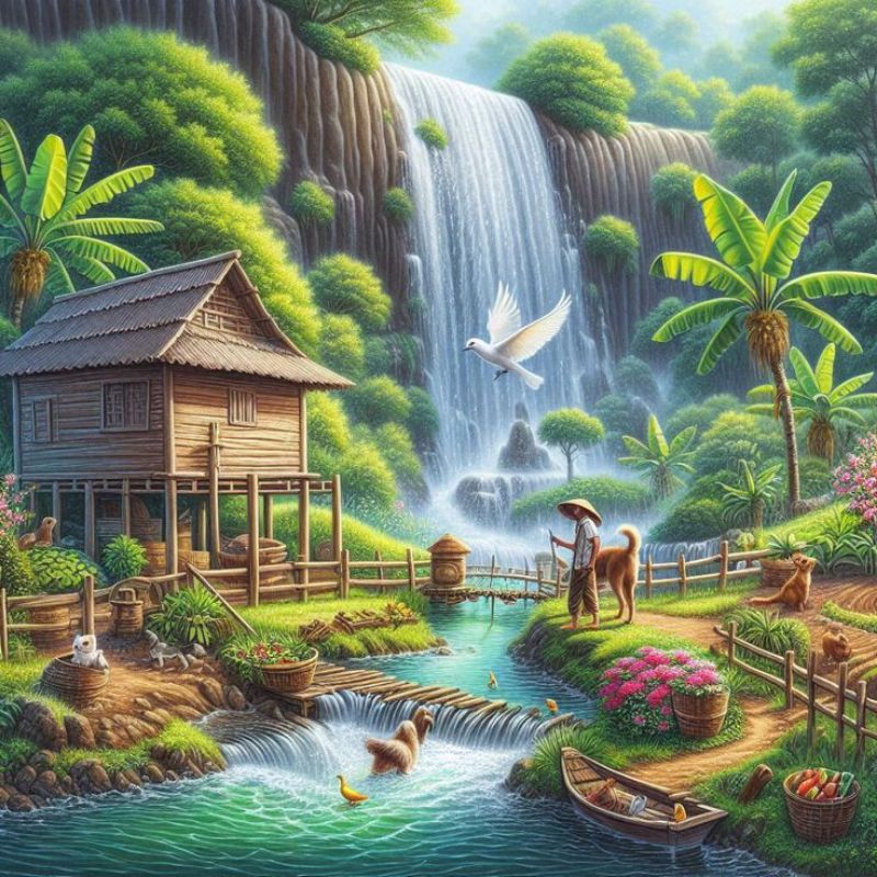 Poster cetak, pemandangan air terjun, hiasan dinding, pemandangan air terjun, bisa cod