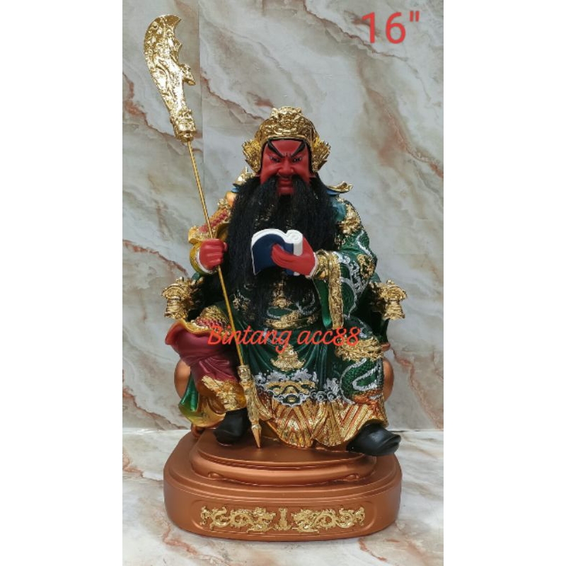 patung dewa kwan kung/ kwan kong / guan yu - duduk - pedang - buku - fiber - 16inch
