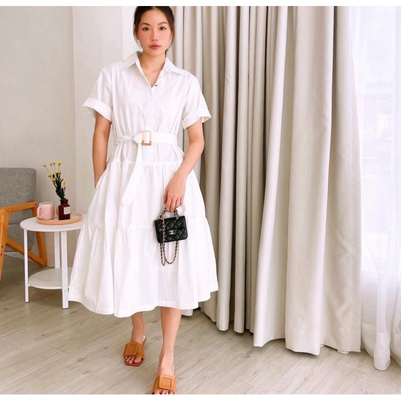 Sophia Alice White Midi Dress / Belted Dress / Dress Putih Polos Ikat Pinggang