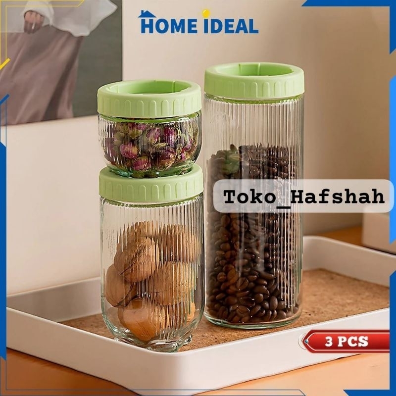 Toples Kue Lebaran 3IN1 Toples Kaca Gladies Hazel Set 3pcs /Set Stoples Penyimpanan Kue Kering BATAM