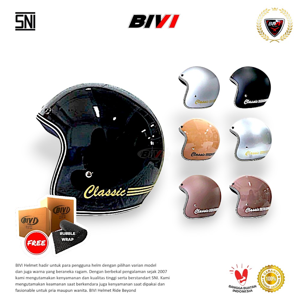 BIVI HELM Bogo Classic Dan Kaca - Polos Half Face SNI Dewasa Pria Wanita Hijab