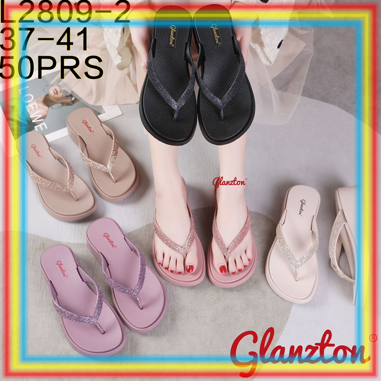 L2809-2 Sandal Wedges Jepit Gliter Wanita Glanzton Sendal Tinggi Cewek Karet Glitter Glanzton