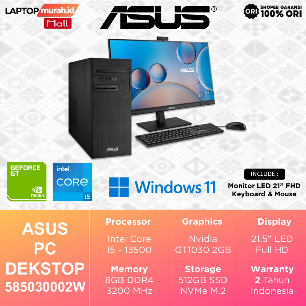 PC Dekstop Asus i5-13500 GT1030 2GB/ 8GB 512GB Windows 11 - Include Monitor 21" FHD+Keyboard & Mouse