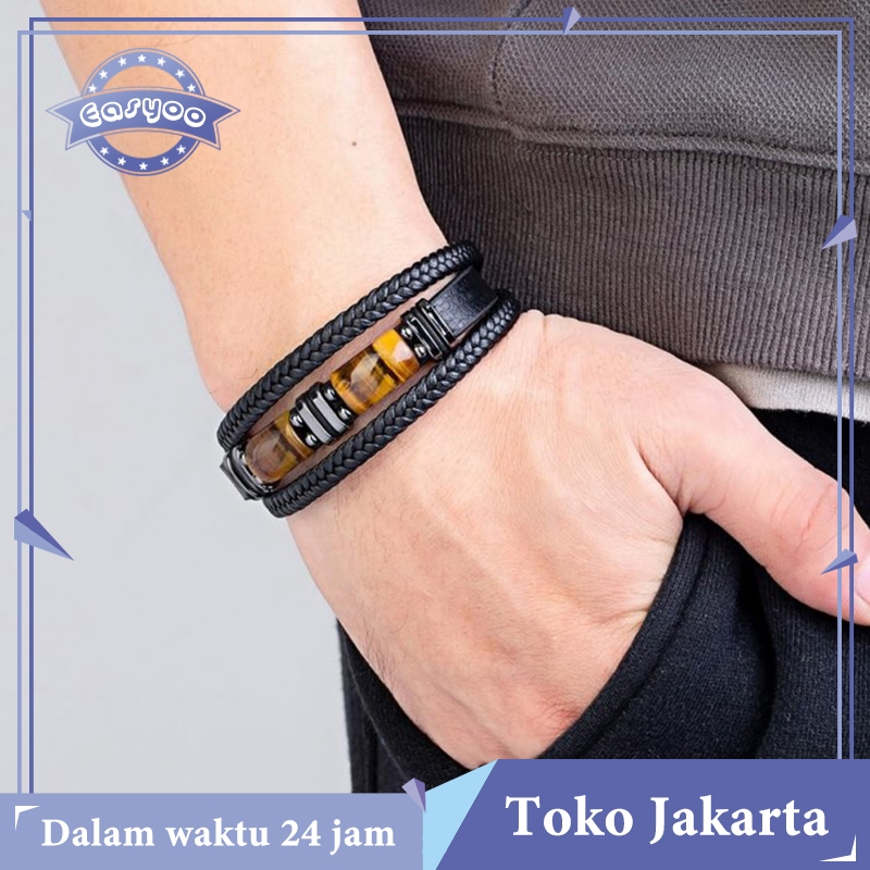 Gelang Batu Tiger Eye Hitam Pria Gelang Batu Mata Harimau Kulit Tali Multi-Lapis Alami Aksesoris