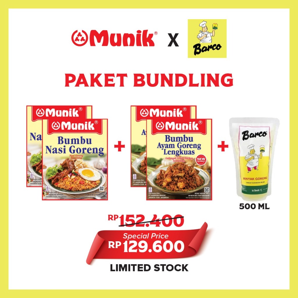 

Paket Bundling 2 Bumbu Munik Nasi Goreng + 2 Bumbu Munik Ayam Goreng Lengkuas + Minyak Barco 500ml