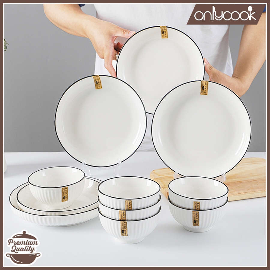 Set Piring Makan Keramik Putih List Hitam Elegant 4PCS/6PCS Motif Diamond