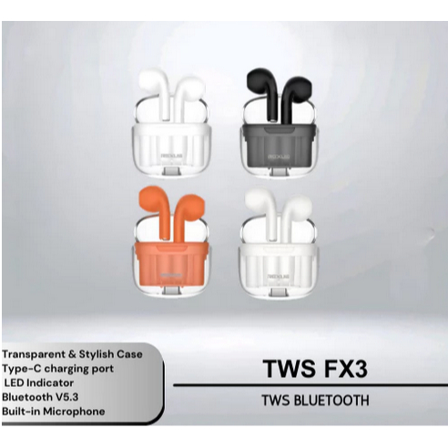 Rexus FX3 TWS Earphone - Headphone In-ear Wireless Bluetooth 5.3, Hitam, Orange, Cream, White
