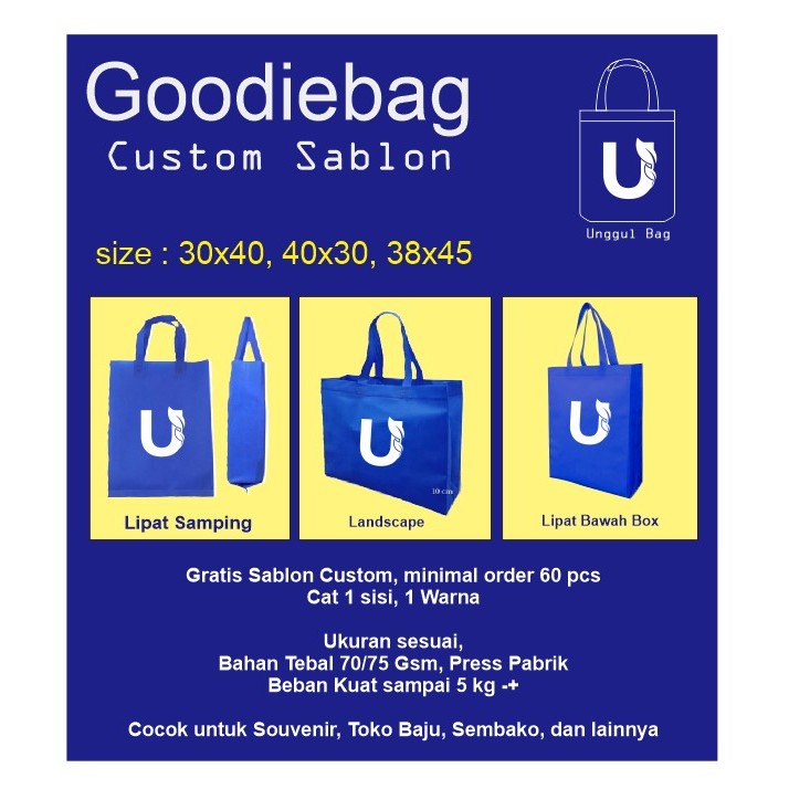 

TAS SPUNBOND CUSTOM SABLON 30×40, 38x45, 40x30 Landscape BOX BAG LIPAT BAWAH DAN LIPAT SAMPING