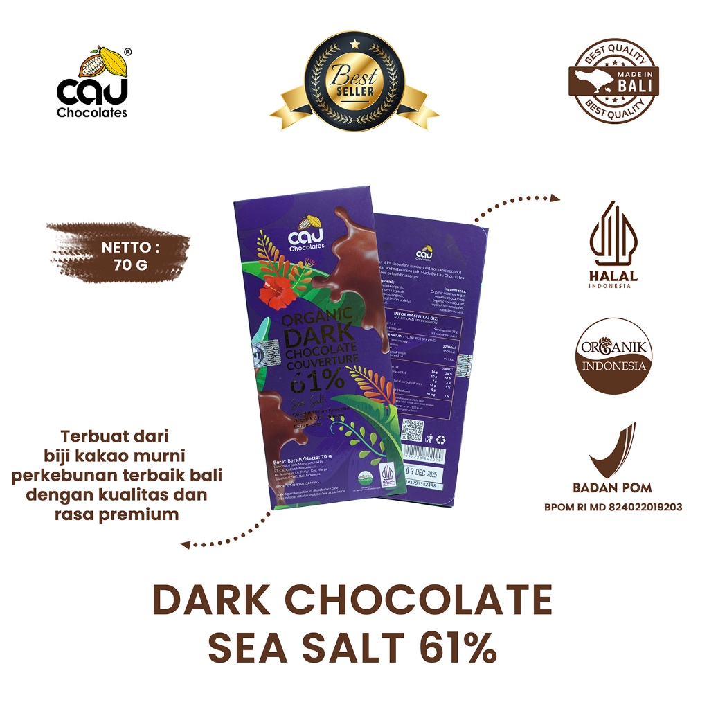 

CAU CHOCOLATES - Organic Dark Chocolate Couverture 61% Sea Salt - 70 gr