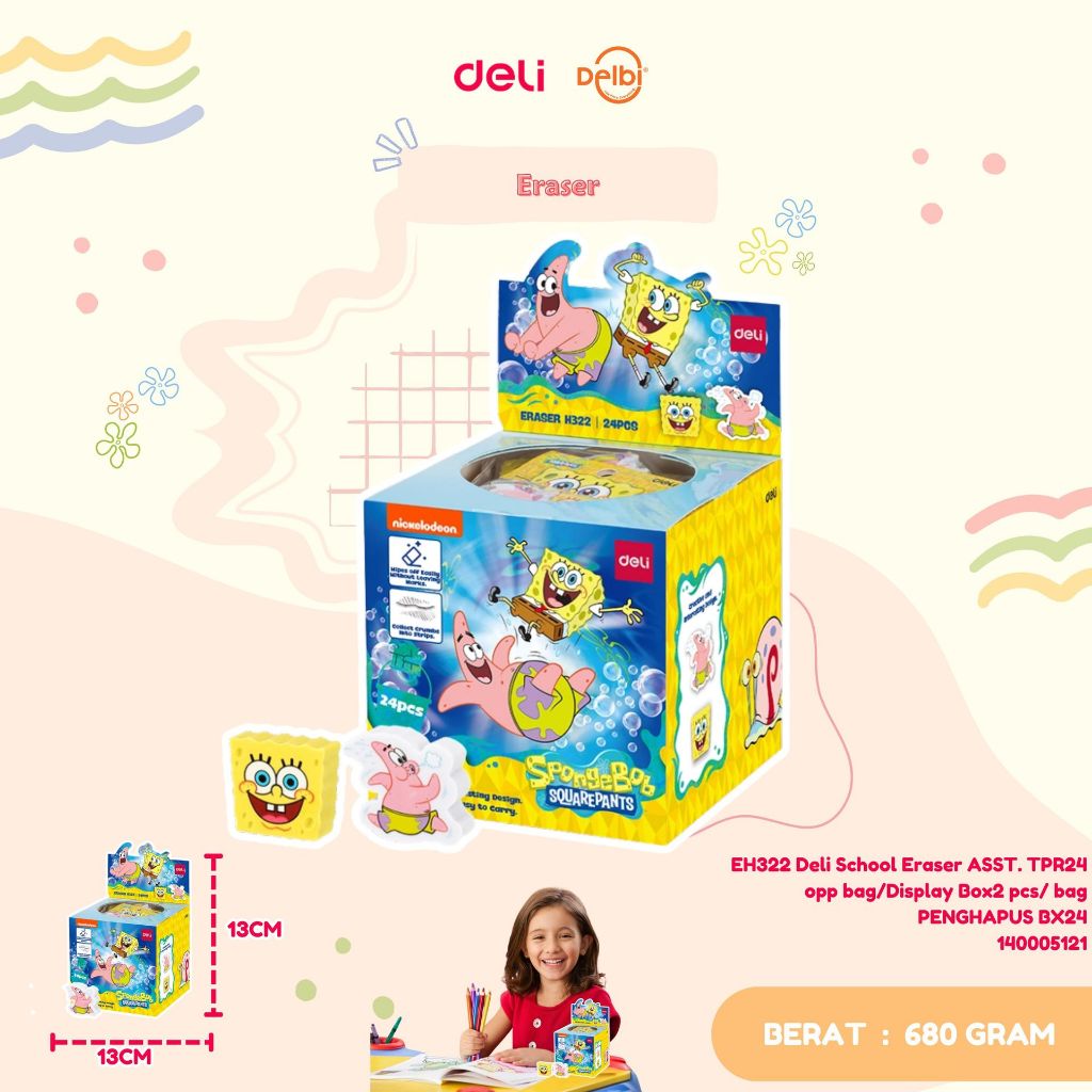 

EH322 Deli School Eraser ASST. TPR24 opp bag/Display Box2 pcs/ bag PENGHAPUS