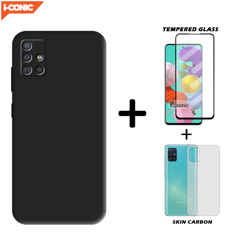 Case Samsung A51 Casing Slim Matte Silicone Free Tempered Glass dan Skin Carbon