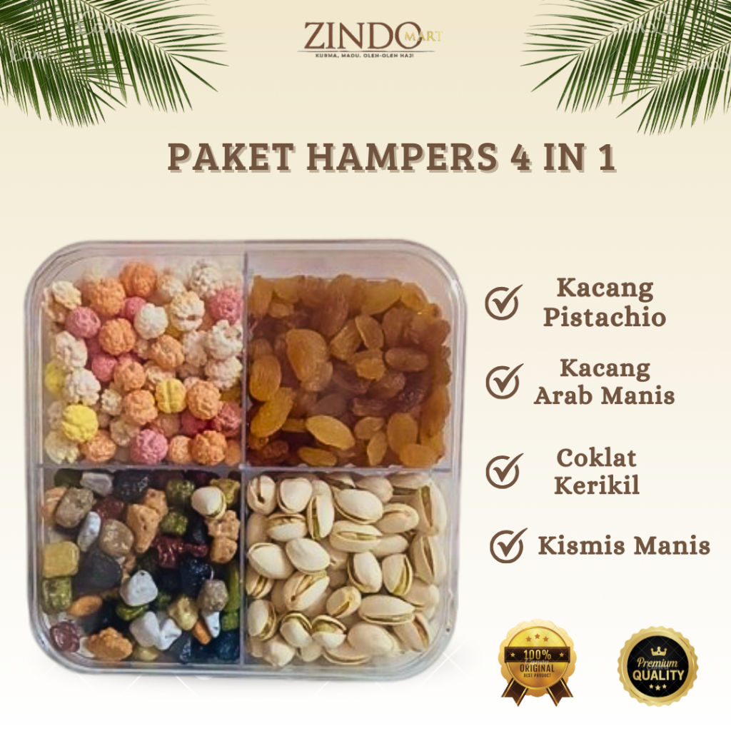 PAKET HAMPERS MAKANAN 4 IN 1 PREMIUM / CEMILAN 4 SEKAT OLEH-OLEH HAJI UMROH /MAKANAN KHAS ARAB