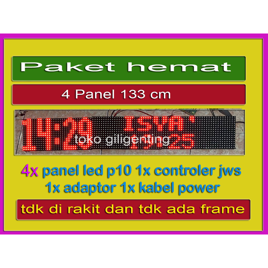 (PAKET HEMAT) JAM SHOLAT DIGITAL MASJID 4 PANEL (4x panel led p10 1x controler jws 1x adaptor 1x kab