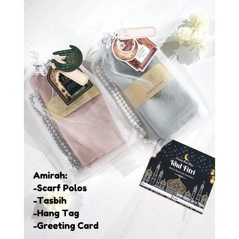 

HAMPERS LEBARAN: AMIRAH DAN BILAWAL SET / HAMPERS SCARF TASBIH