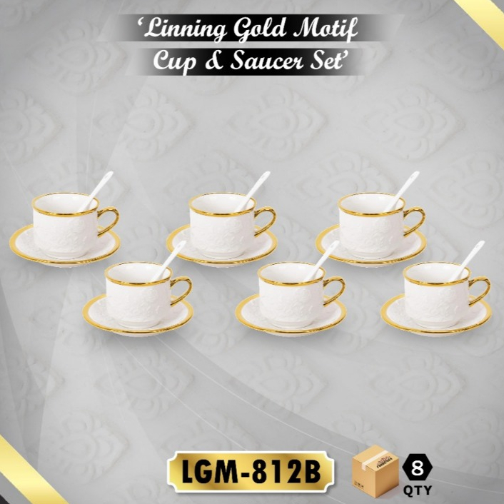 Gelas Cangkir Set Keramik Motif Linning Gold Tekstur Fiorenza LGM-812B