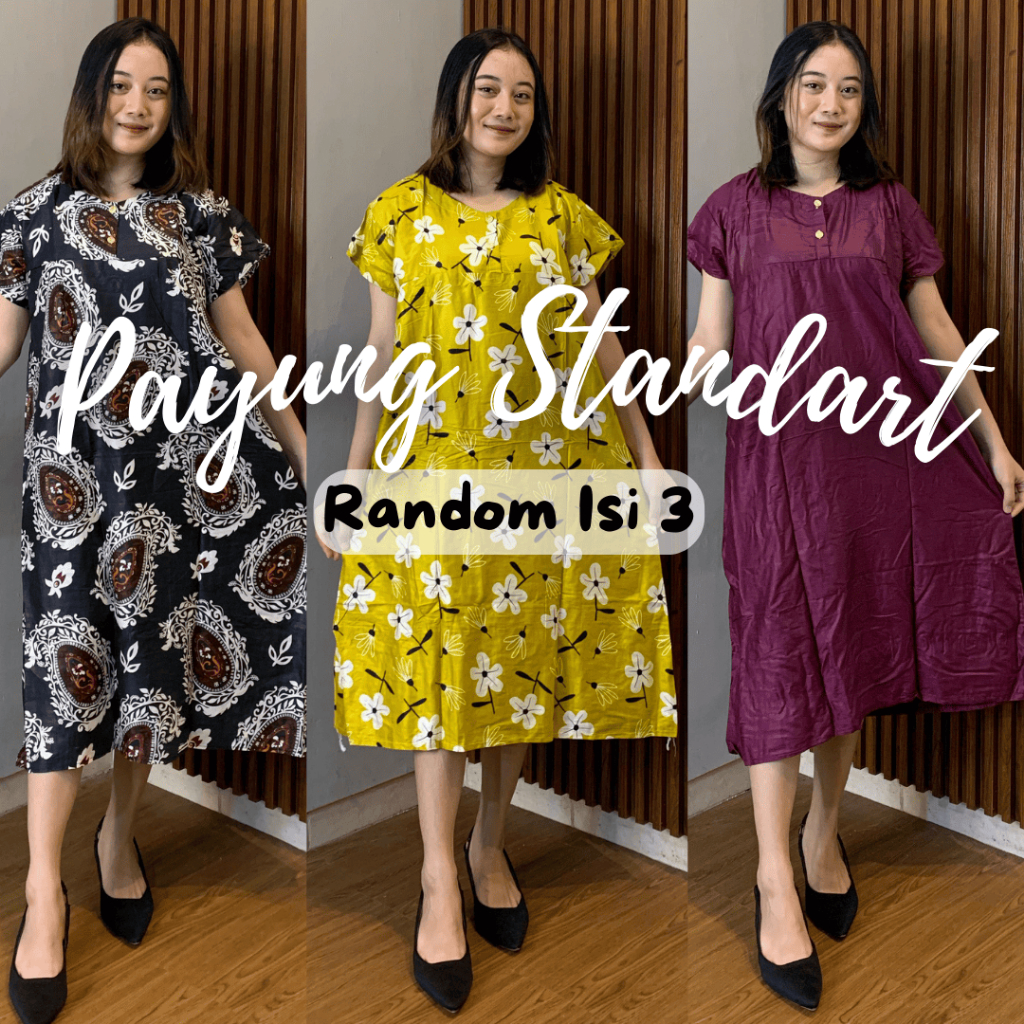 Paket 3 Daster Payung Standart (Motif Random) Busui Panjang Rayon Bumil Wanita Kancing Tidur ibu Nya